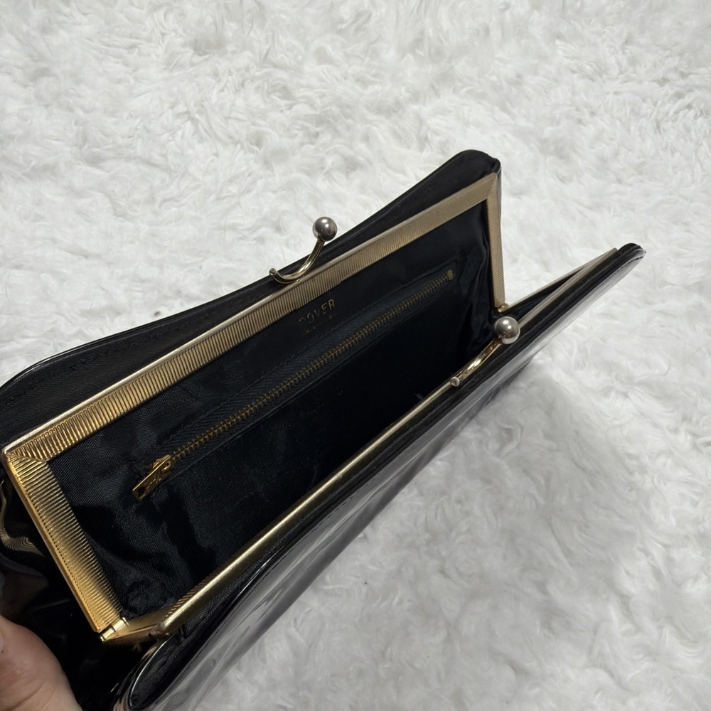 Vintage 80's Black Kiss Lock Evening Bag Clutch Oblong Rectangle Patent Leather - Picture 2 of 8